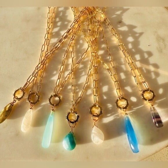 Beautiful Necklace Gemstone Pendant Gold Paperclip Chain Moonstone Labradorite - Picture 9 of 12